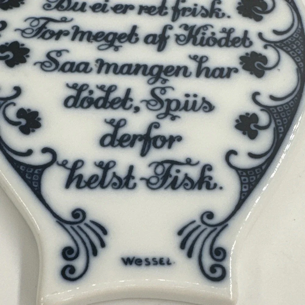 Vintage Porsgrund Norway Blue &‎ White Porcelain Fish Trivet w/Wessel Poem 1960s